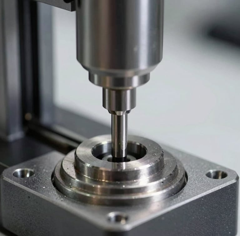 Macro shot of a custom-machined mechanical wear testing rig, steel specimen under high-tension stress, high-contrast industrial studio lighting, metallic reflections.