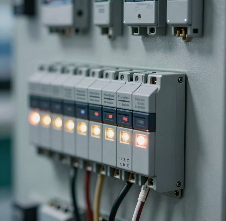 Macro shot of a high-contrast industrial PLC control panel with glowing status LEDs and structured wiring, cool metallic reflections, slate gray tones.