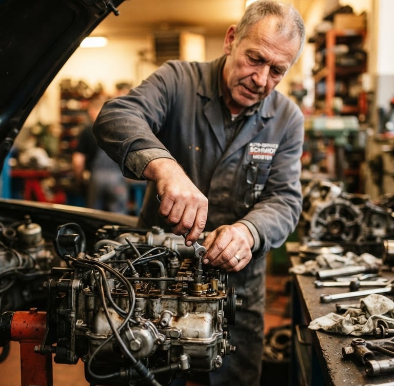 Authentisches Porträt des Kfz-Meisters bei der Arbeit an einem Motor, Hände fokussiert auf ein Bauteil, warme Werkstattbeleuchtung, 35mm