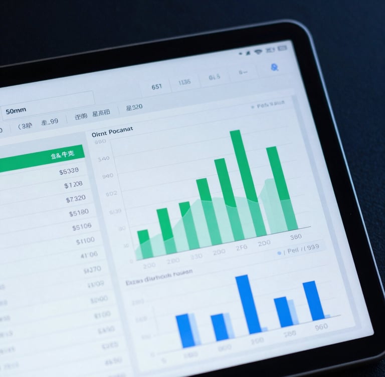 A close-up high-contrast shot of a tablet displaying a clean financial ledger with green and blue charts, dark background, professional corporate aesthetic, 50mm