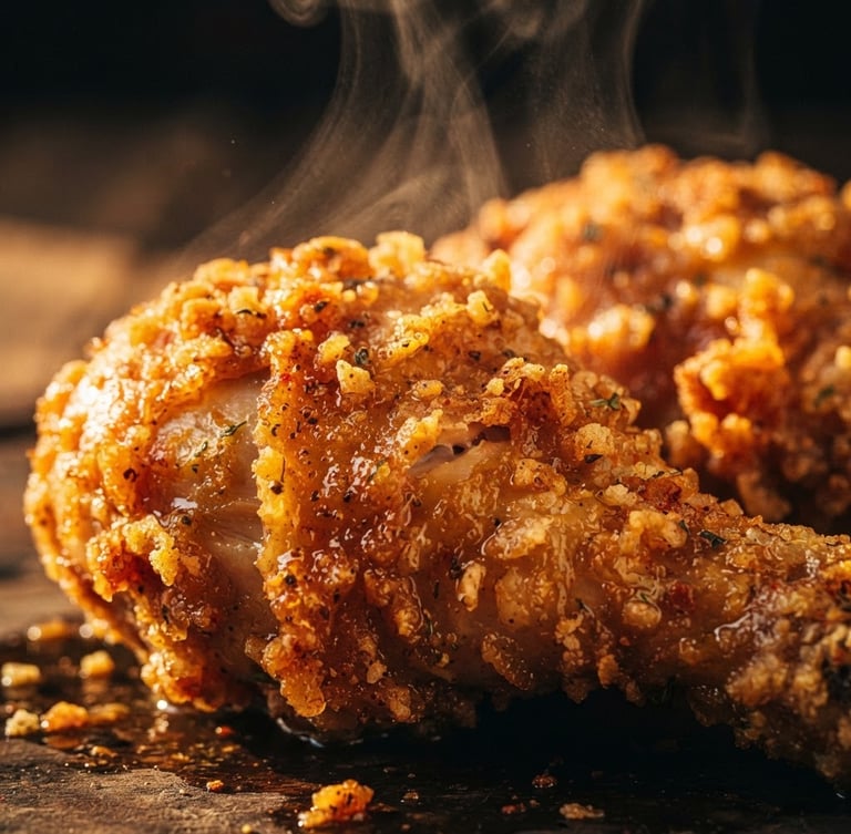 Steaming hot crispy broaster chicken close-up, dramatic warm side-lighting, rich saturated colors, high contrast, macro depth of field, 35mm