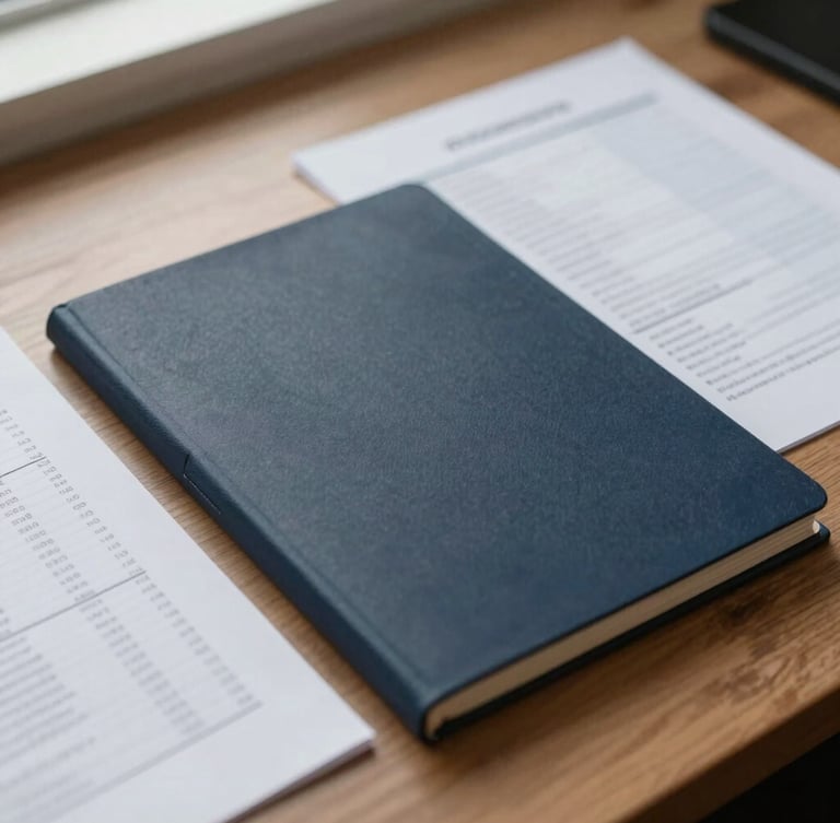 Close-up of legal documents and financial spreadsheets on heavy wooden desk, natural soft overcast daylight, editorial corporate photography