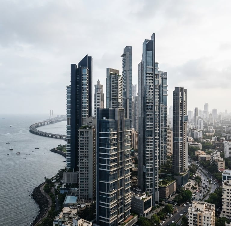 Wide architectural perspective of Mumbai's premium residential skyline, sharp geometric lines, soft overcast daylight, editorial corporate photography style.