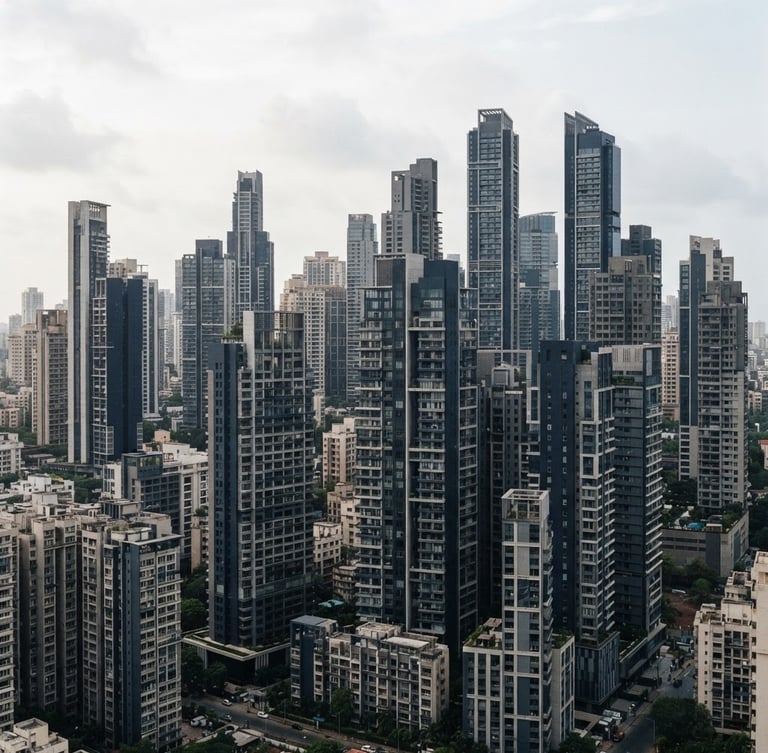 Wide-angle architectural crop of modern Mumbai residential skyline, clean structural lines, soft overcast daylight, slate tones