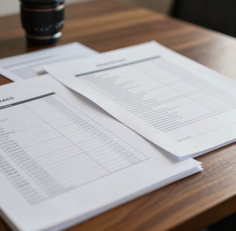 Close-up of legal documents and financial spreadsheets on a heavy wooden desk, soft natural office light, professional advisory setting, editorial 35mm photography