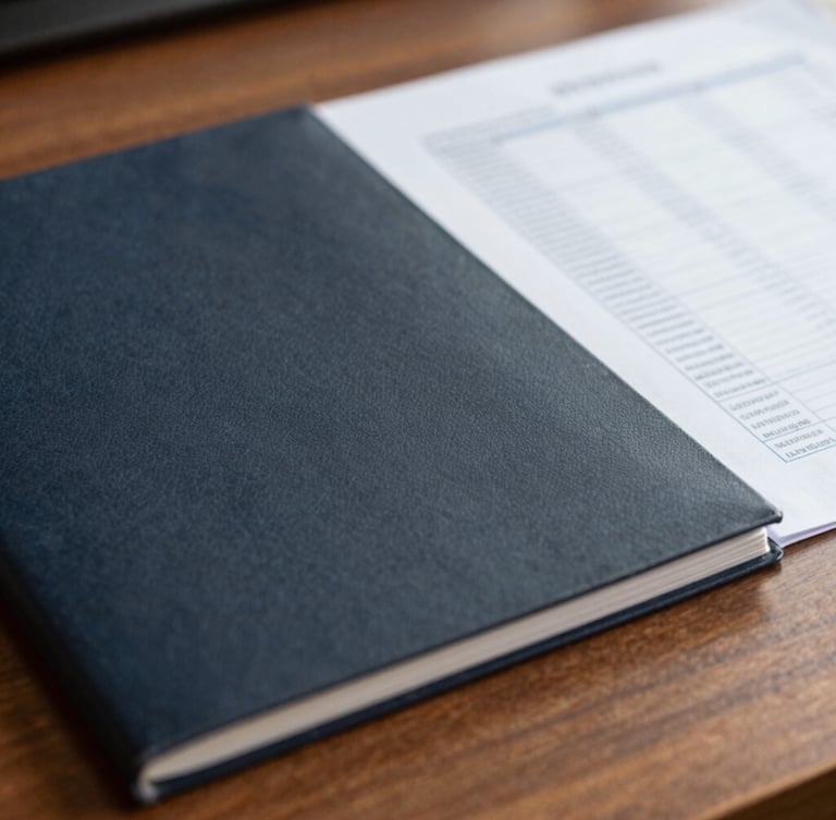Close-up macro shot of legal documents and financial spreadsheets on a heavy wooden desk, natural daylight.