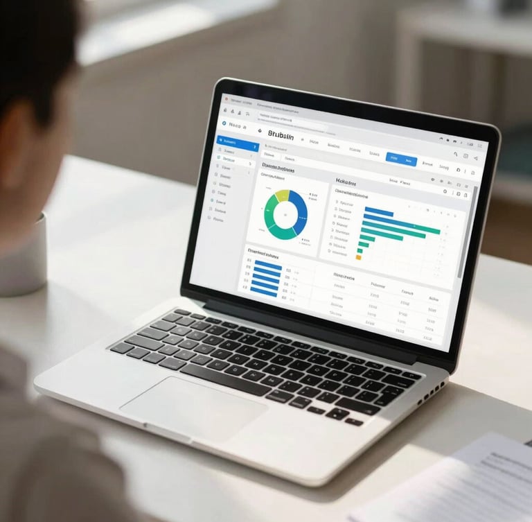 Over-the-shoulder shot of a clean modern workspace, a laptop screen displaying a structured admin dashboard with clear charts, bright natural daylight, crisp contrast.