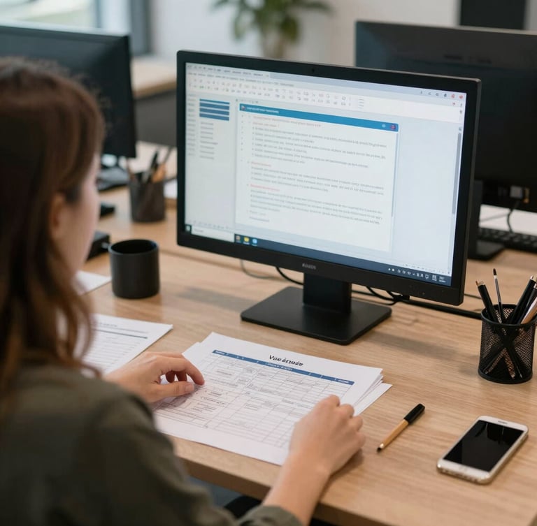 Vue épurée par-dessus l'épaule d'un créateur analysant un tableau de bord de gestion d'entreprise, écran lumineux, espace de travail moderne et ordonné, éclairage naturel.