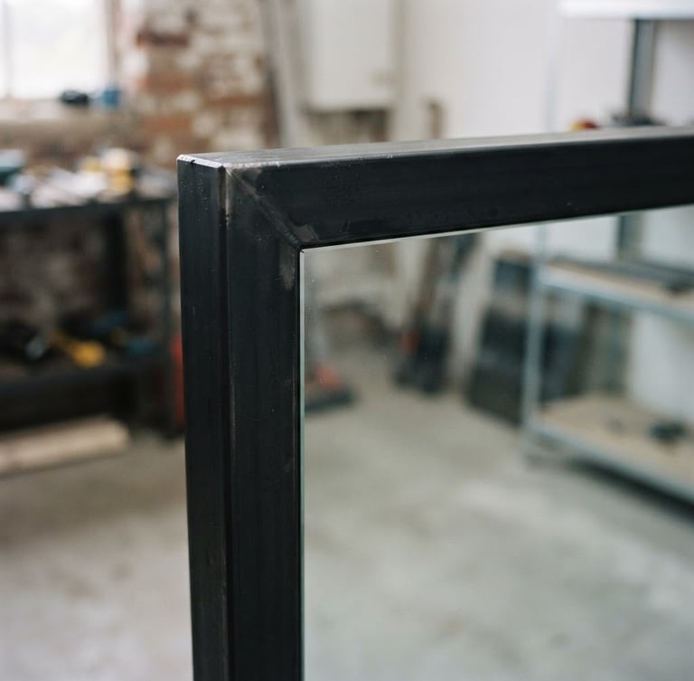 Macro photograph of a seamless black steel frame corner meeting clean glass, minimalist interior, soft morning light, industrial-minimalist, 35mm