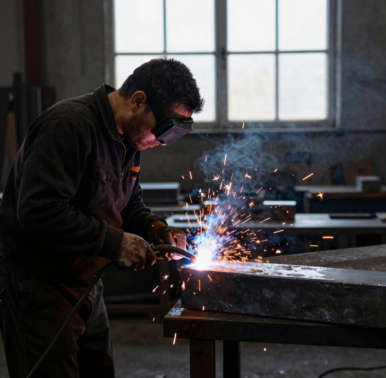 A craftsman in a dark industrial workshop welding raw steel, bright orange sparks flying, dramatic natural light from a high window, slate gray background, 35mm