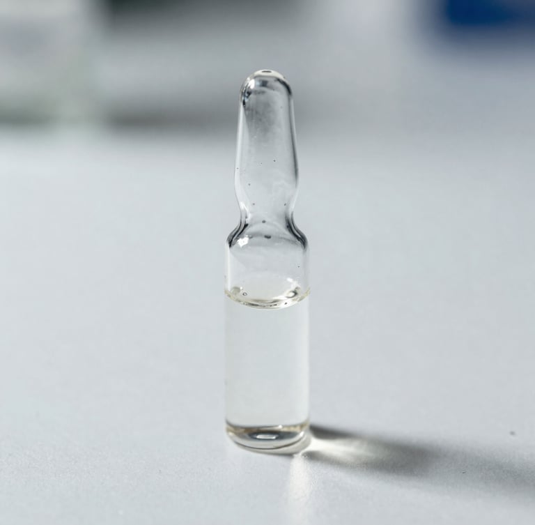 Macro close-up of a clear glass vial with pure liquid on a sterile white laboratory surface, high-key clinical lighting, sharp defined shadows.