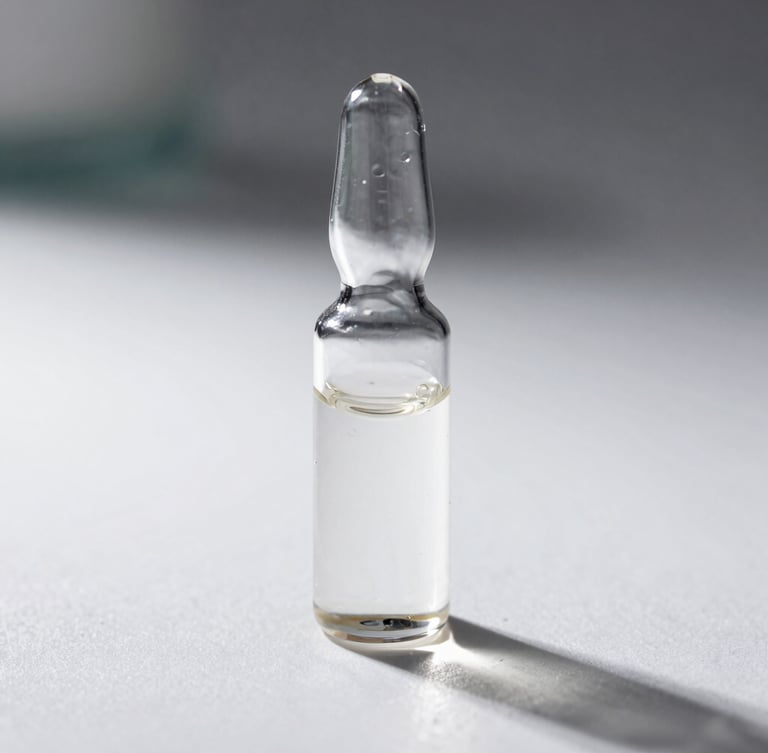 Macro studio shot of a clear glass vial containing high-viscosity peptide solution, clinical harsh lighting casting sharp shadows on a pure white sterile surface.