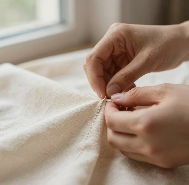 Macro detail shot of artisan hands meticulously hand-stitching a seam on ivory linen fabric, soft side window light, warm tones, shallow depth of field.
