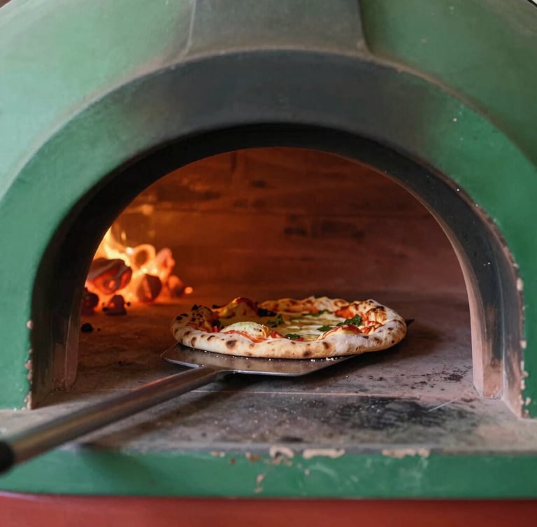 Close-up of a wood-fired oven interior, glowing embers, a rustic sourdough pizza being pulled out with a metal peel, warm side lighting, rich textures.