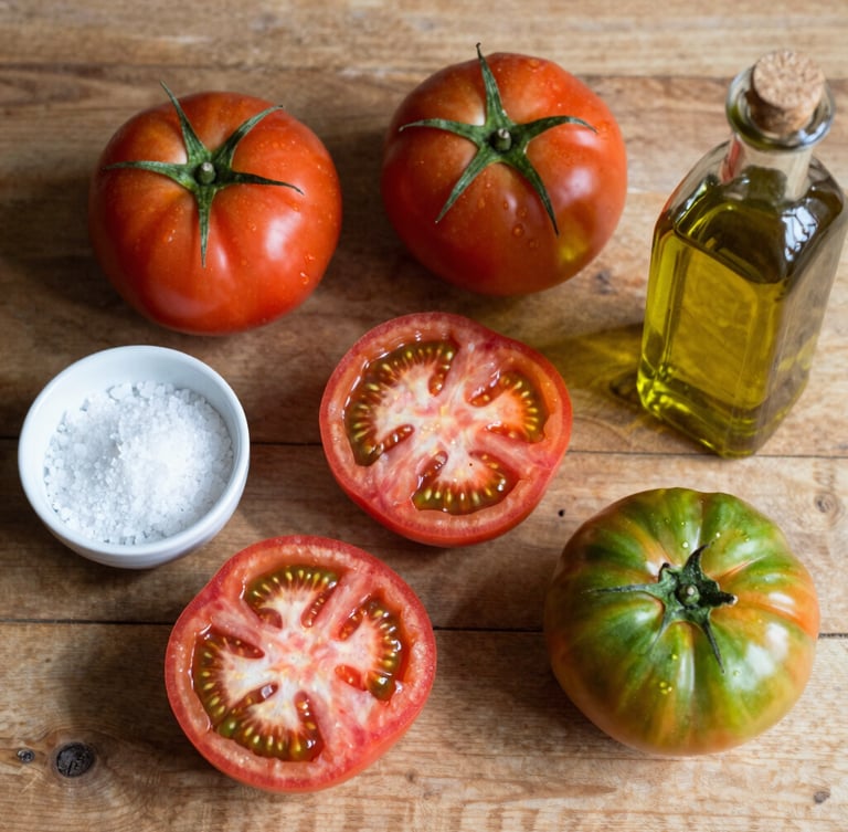 An overhead flat-lay of a rustic wooden table covered with freshly sliced heirloom tomatoes, a bowl of sea salt, and a bottle of olive oil. Soft morning light casts long, natural shadows across the scene.