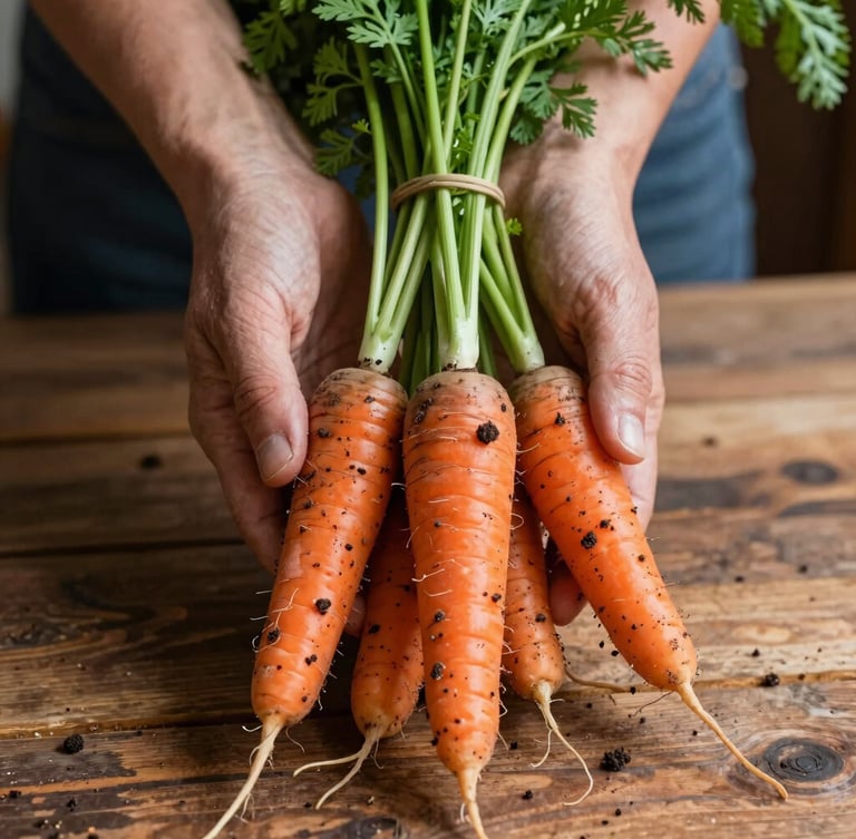 A close-up of weathered hands holding a bundle of freshly harvested heirloom carrots with rich soil still clinging to them. Shot with soft north-facing daylight, casting rich shadows on a rustic wooden surface.