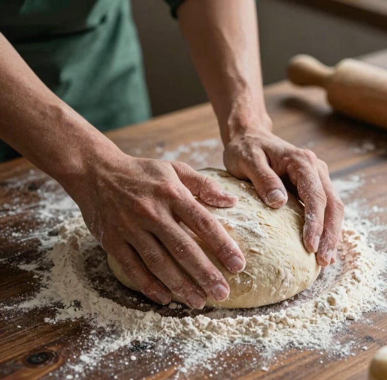 Close-up shot of flour dusting over a dark wood table, soft north-facing daylight, hands kneading rustic sourdough dough, shallow depth of field