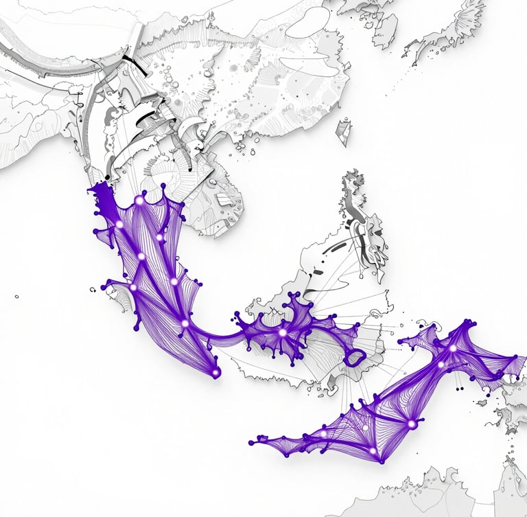 Orthographic vector map of Malaysia and Southeast Asia on a clean white background, with precise purple routing lines and glowing nodes indicating high-speed fiber data paths, technical blueprint style.