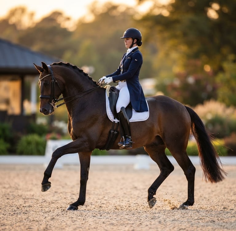 Side-profile telephoto shot of an elegant warmblood horse performing a precise dressage movement under soft golden-hour light, rider in formal clean training attire, shallow depth of field, 85mm lens