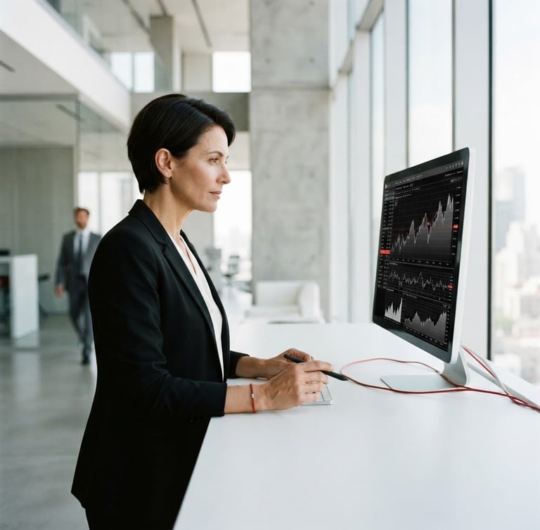 Minimalist corporate photography, bright natural daylight, clean black and white tones with subtle red accents, a professional executive reviewing data on a screen in a modern architectural office, sharp focus, 35mm