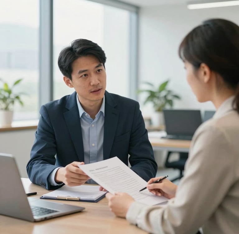 A professional advisory session in a clean, modern corporate office, natural daylight, a consultant and client discussing documents, sharp focus, 35mm lens.