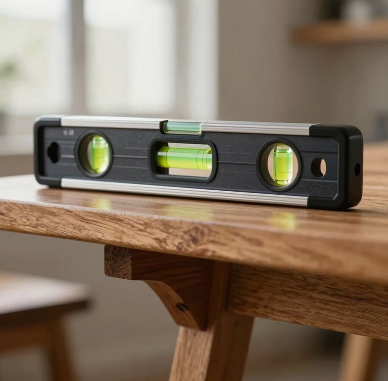 Macro shot of a high-quality spirit level resting perfectly flat on top of a newly mounted heavy timber shelf, clean focus on the level vial, bright natural interior lighting.