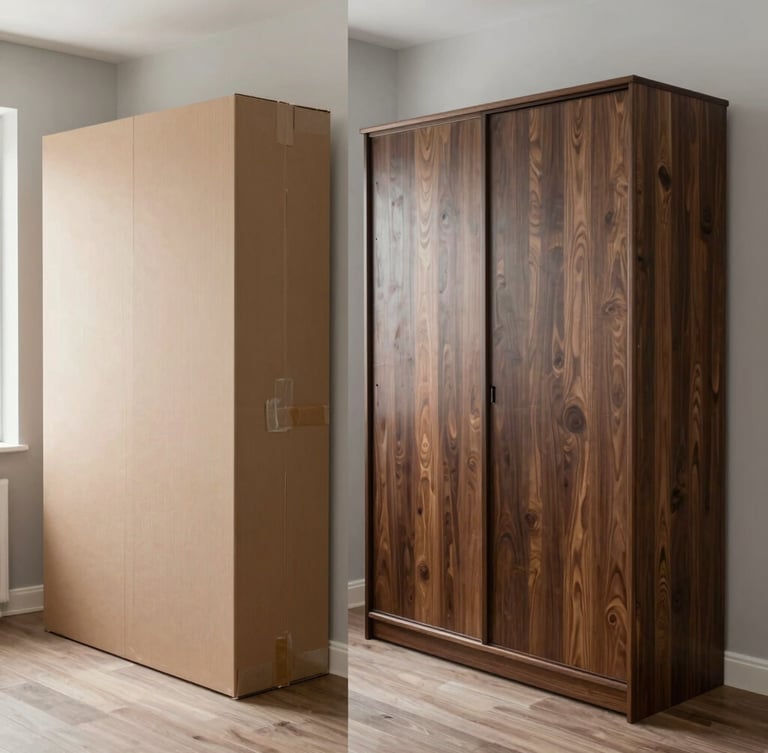 A split-screen view: on the left, a flat-pack wardrobe box being cleanly unboxed; on the right, a perfectly level, fully assembled dark wood wardrobe standing flush against a light gray wall under bright, natural interior light.