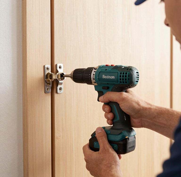 A professional handyman's hands using a cordless drill to secure a hinge plate on a clean wooden door, bright natural light.