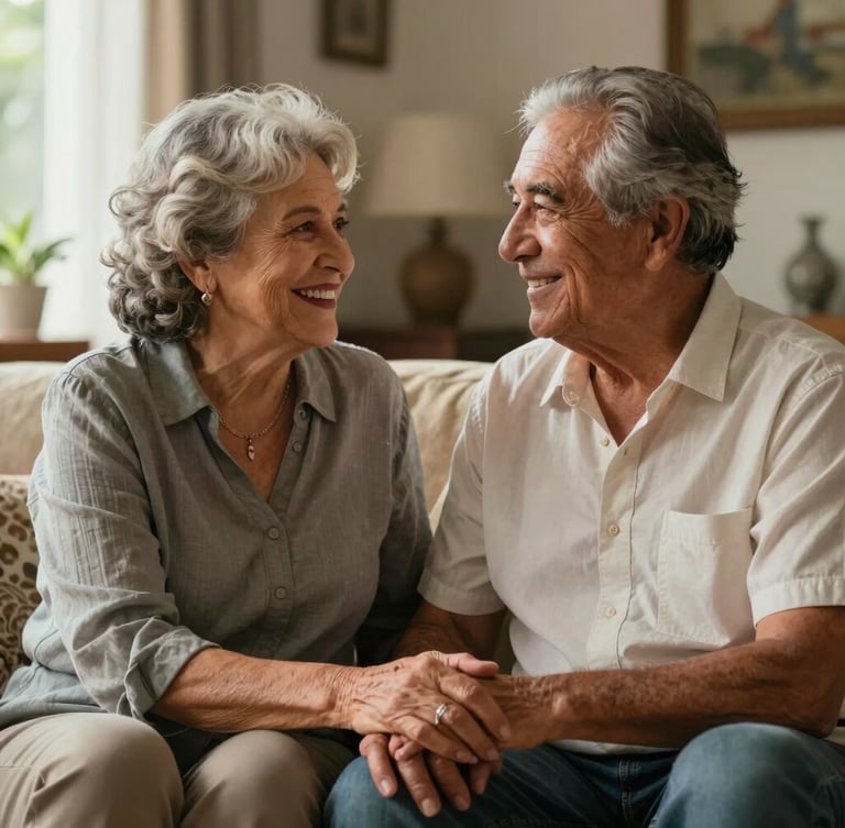 Approach of a dignified Mexican older couple smiling warmly in their sunlit living room, holding hands, feeling relieved and secure.