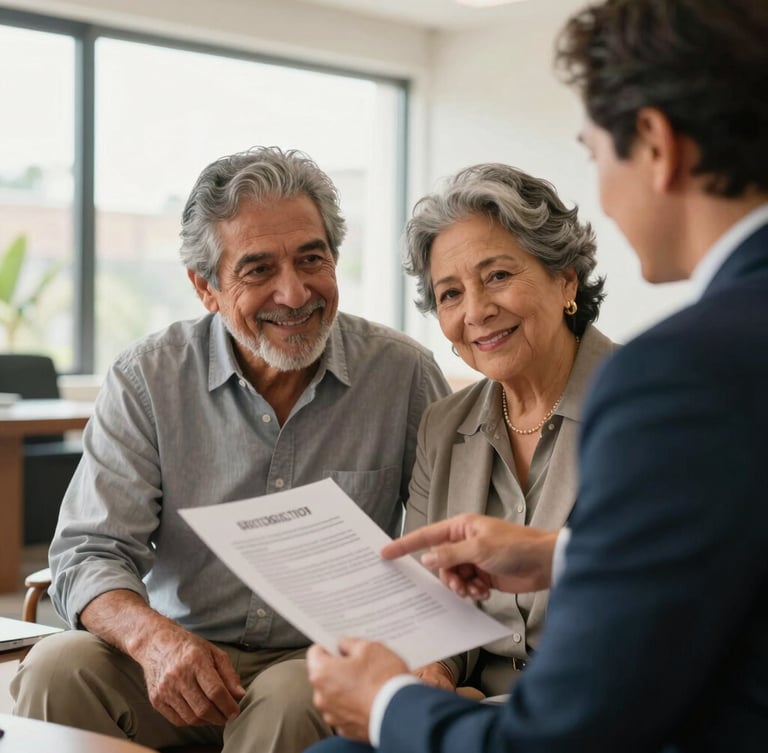 Approachable medium shot of a smiling Mexican retired couple in their mid-60s sitting in a bright, modern office, reviewing a clean printed document with a professional advisor who is pointing gently to the page. Warm natural daylight streaming from a window, soft focus background, dignified and reassuring atmosphere.