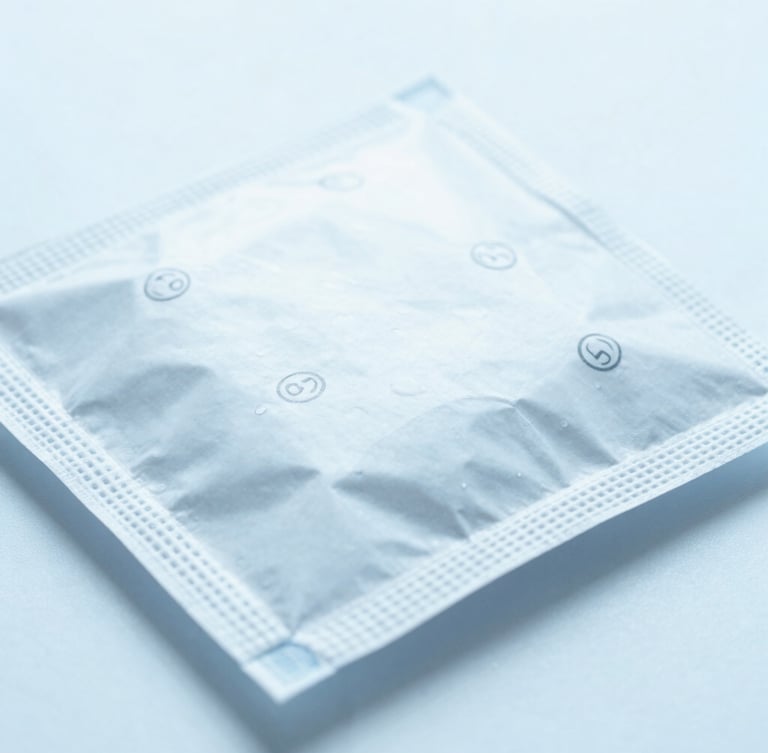 Macro photograph of sterile medical packaging with clear regulatory stamps, bright high-key hospital lighting, cool blue tones, sharp focus, 50mm