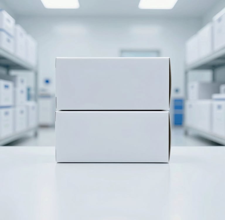 Straight-on clean clinical photography of pristine medical boxes in a brightly lit, high-key white sterile warehouse facility, cool blue undertones, sharp focus