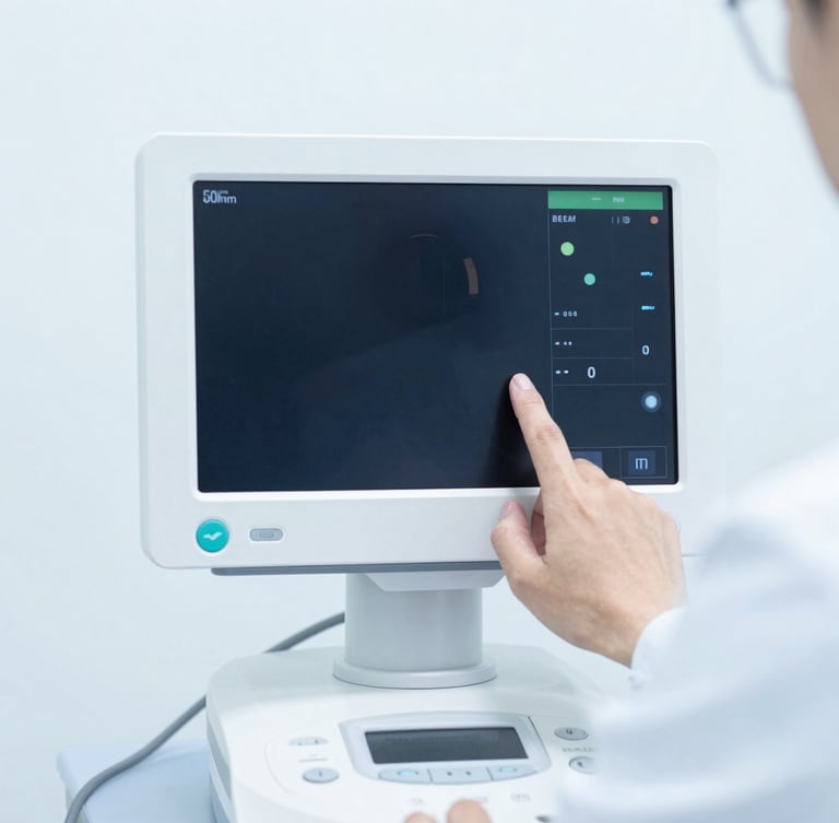 Straight-on close-up of a biomedical engineer calibrating a digital patient monitor screen, clean clinical photography, bright high-key studio lighting, sterile white and cool blue tones, sharp focus, 50mm