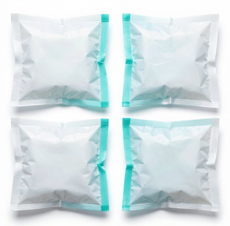 Symmetrical clinical shot of organized dental sterilization packs and clinical consumables, bright high-key white studio lighting, sterile teal tones, sharp focus, 50mm.