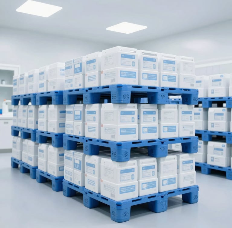 A pristine clinical warehouse aisle with neatly stacked pallets of sterile medical supplies and boxes under high-key bright cool white lighting, 50mm.
