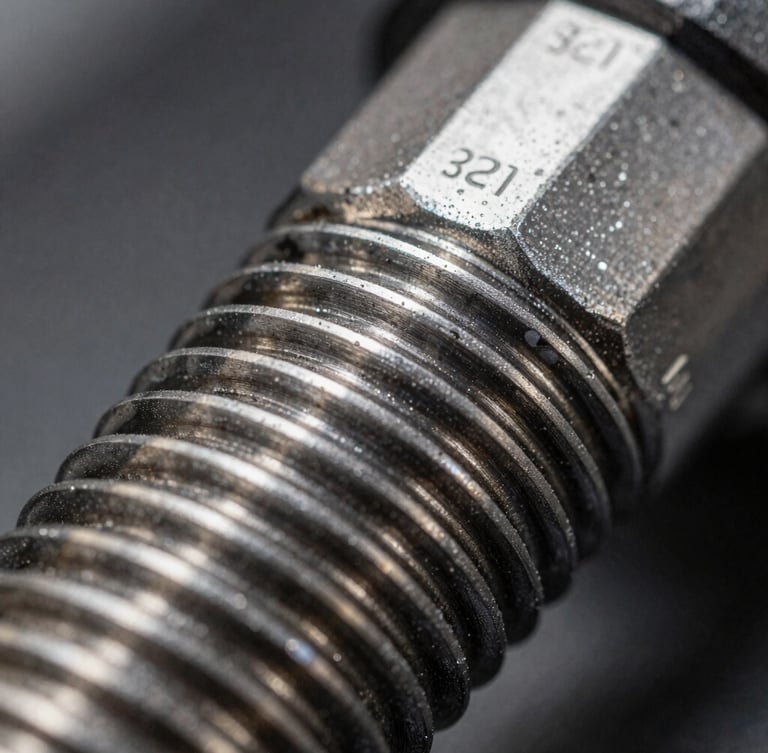 Extreme macro shot of CNC-machined steel threads with precise pitch, cool metallic lighting, high-contrast studio setup, visible serial numbers.
