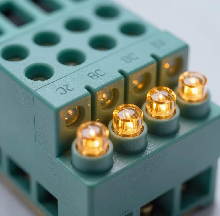 Extreme close-up of a high-density PLC terminal block, cool high-contrast studio lighting, visible serial numbers on the casing, industrial amber status LEDs illuminated, clean technical composition