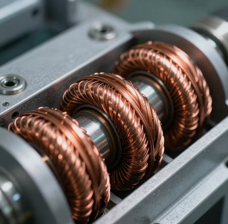 Extreme close-up of copper windings inside a high-power industrial transformer, sharp technical detail, cool high-contrast studio lighting, shallow depth of field.