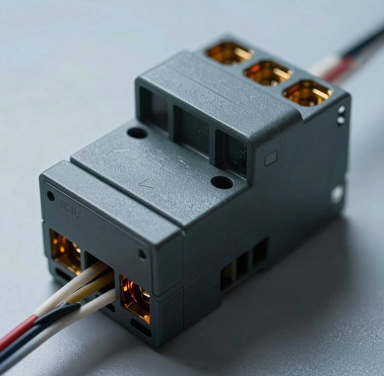 Macro studio shot of high-spec PLC terminals with clean wiring under cool contrast lighting, industrial amber details visible.
