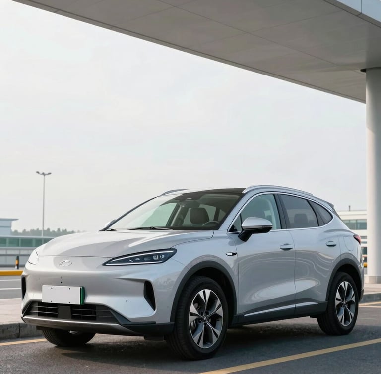 Low-angle three-quarter portrait of a clean silver SUV parked in a bright, modern airport terminal drop-off lane under a soft overcast morning sky.