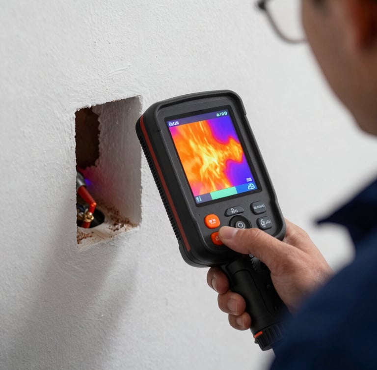 Close-up of a professional thermal imaging camera screen displaying a bright orange and purple heat signature of a hidden water pipe leak inside a clean wall, held by a technician in a dark blue uniform.