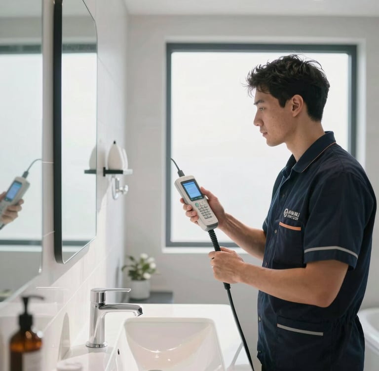 Wide clean shot of an immaculate modern bathroom, bright daylight, a professional technician in a branded uniform holding a clean diagnostic device, looking at a wall