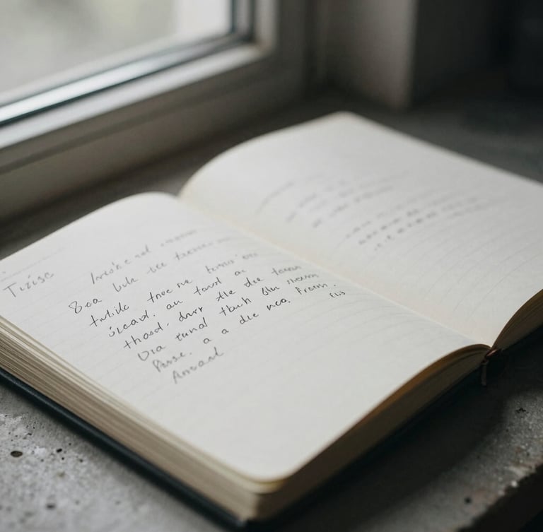 Macro close-up of handwritten notes in a black ink notebook, open on a concrete desk, moody natural light, deep shadows, desaturated tones.