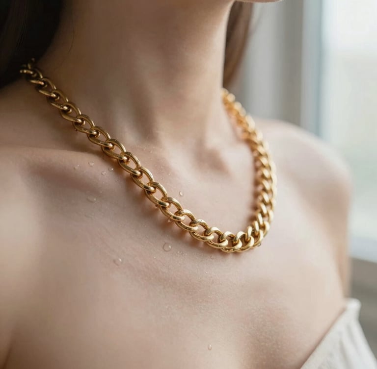 Macro crop of a heavy 18K gold chain draped over a collarbone, soft morning window light reflecting off the warm metallic surface, water droplets bead-gliding off the gold, shallow depth of field