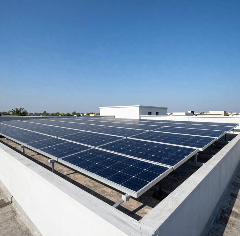 Crisp architectural photography of a commercial solar array on a Lucknow rooftop under brilliant, direct midday sunlight, deep blue sky.