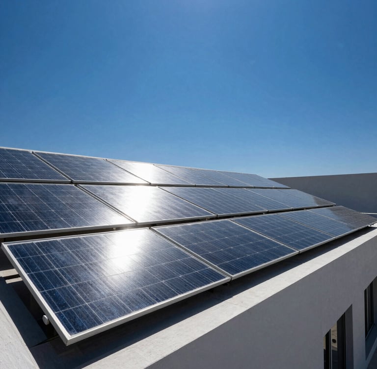 Crisp architectural photography of a modern building rooftop in Lucknow with sleek monocrystalline solar panels reflecting bright, direct midday sunlight under a deep blue sky.