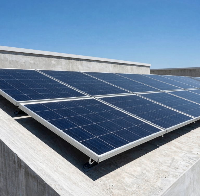 A close-up architectural photograph of high-quality monocrystalline solar panels installed on a modern flat concrete roof, sharp angles, bright high-contrast sunlight