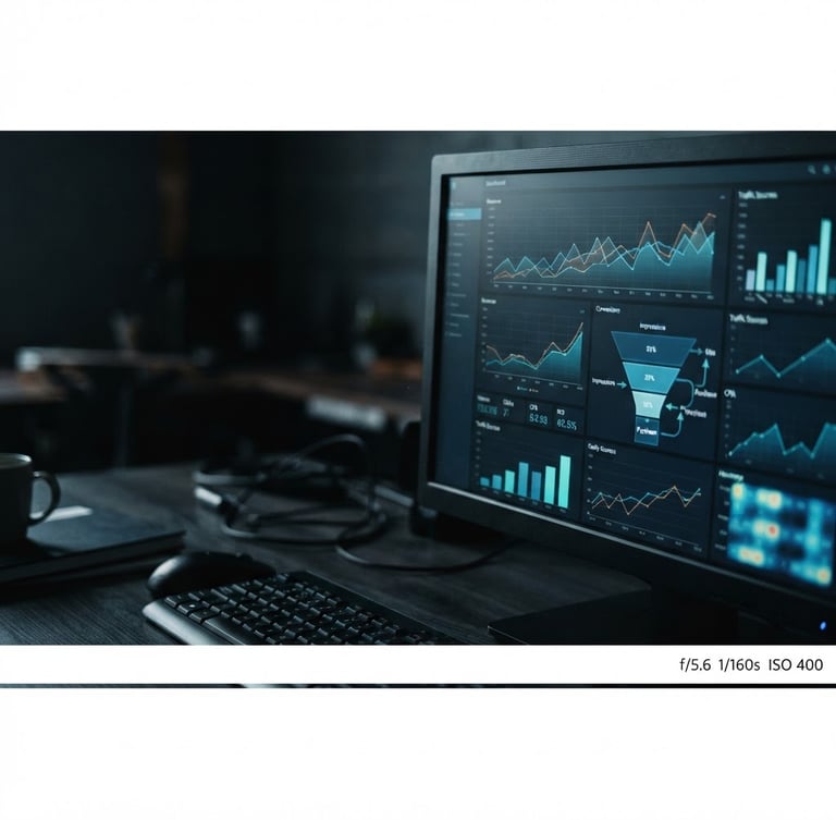 Close-up of a digital marketing dashboard on a physical monitor, displaying revenue graphs and conversion funnels, moody directional light with screen-glow highlights, cool desaturated tones, sharp 35mm lens, high contrast, right third of a panoramic 21:9 frame.