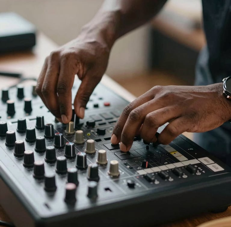 Close-up of professional hands adjusting a high-end mixing console fader under a warm amber ambient glow, portrait aspect.