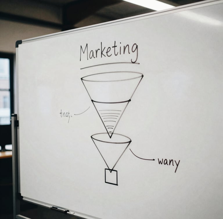 Tight candid crop of a physical strategy whiteboard with hand-drawn marketing funnels in an East London warehouse office, overcast daylight, desaturated high contrast tones, 35mm film.